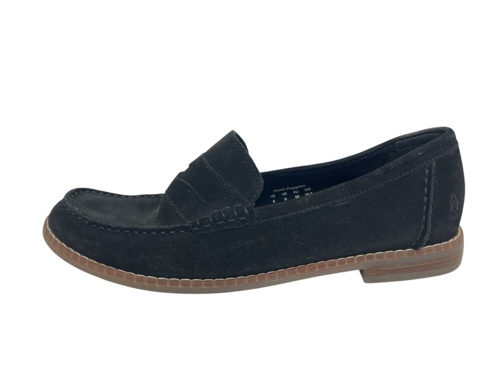 Hush Puppies Lucy Black Suede Almond Toe Slip On Penny Loafers Flats Size 8